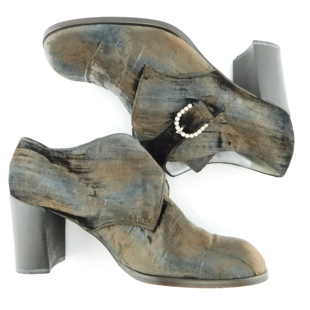 MAGLI BRUNO MAGLI Crystal Buckle Brown Velvet Block Heel Ankle Boots 41